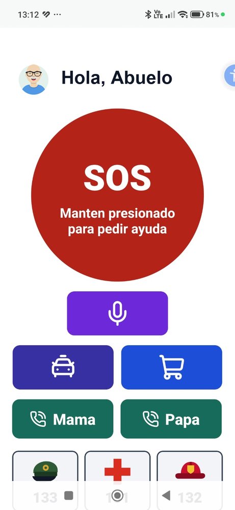 Pantalla de CAM en el teléfono del abuelo: saludo, botón SOS grande, hablar con CAM, viajes, compras, llamar a Mamá y Papá, y 133, 131 y 132.