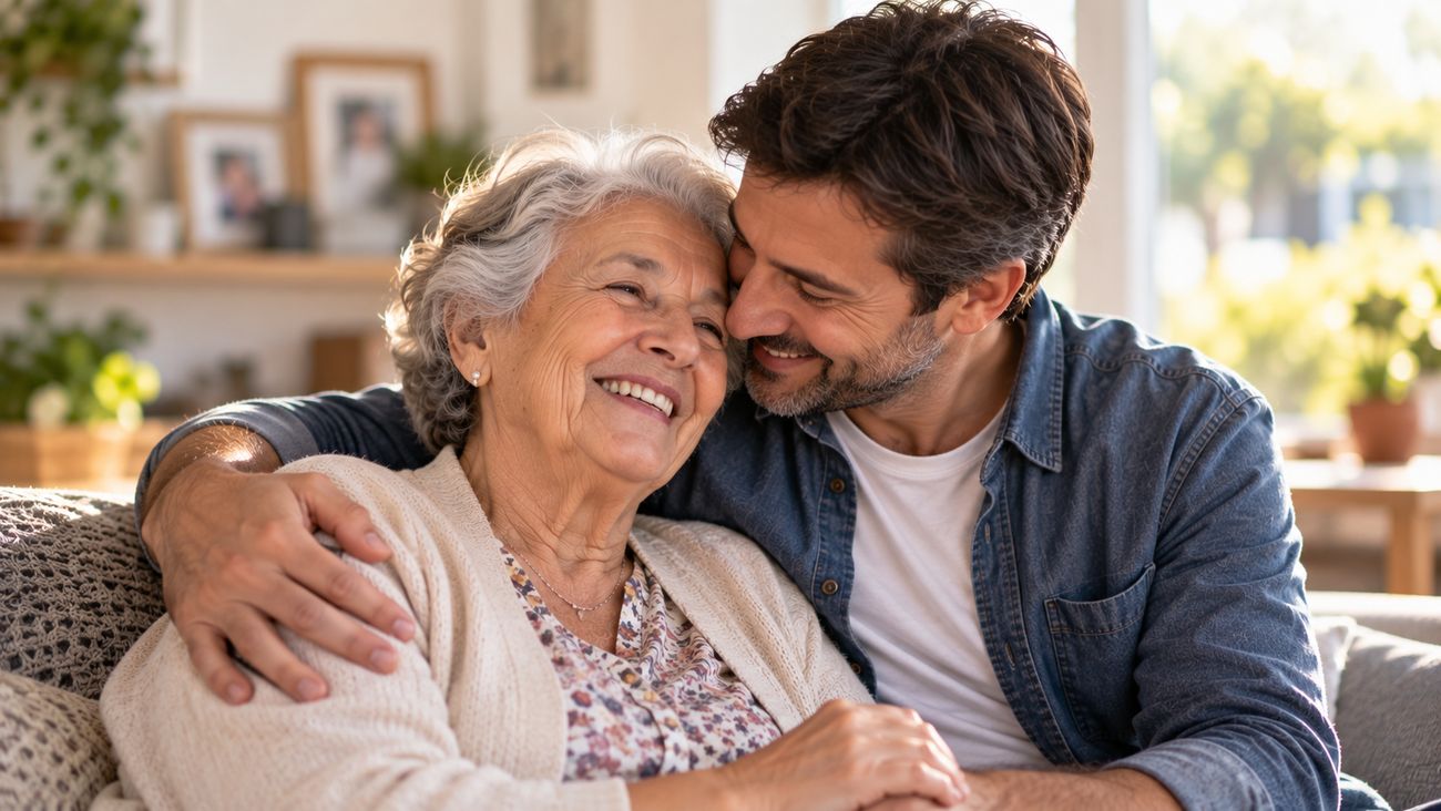 Un hijo abraza a su mamá en el living; los dos sonríen.
