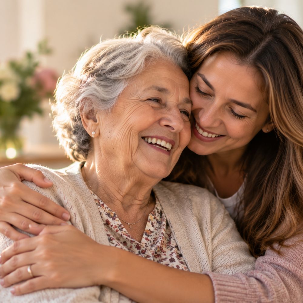 Una hija abraza a su mamá en el sofá de su casa; las dos sonríen.