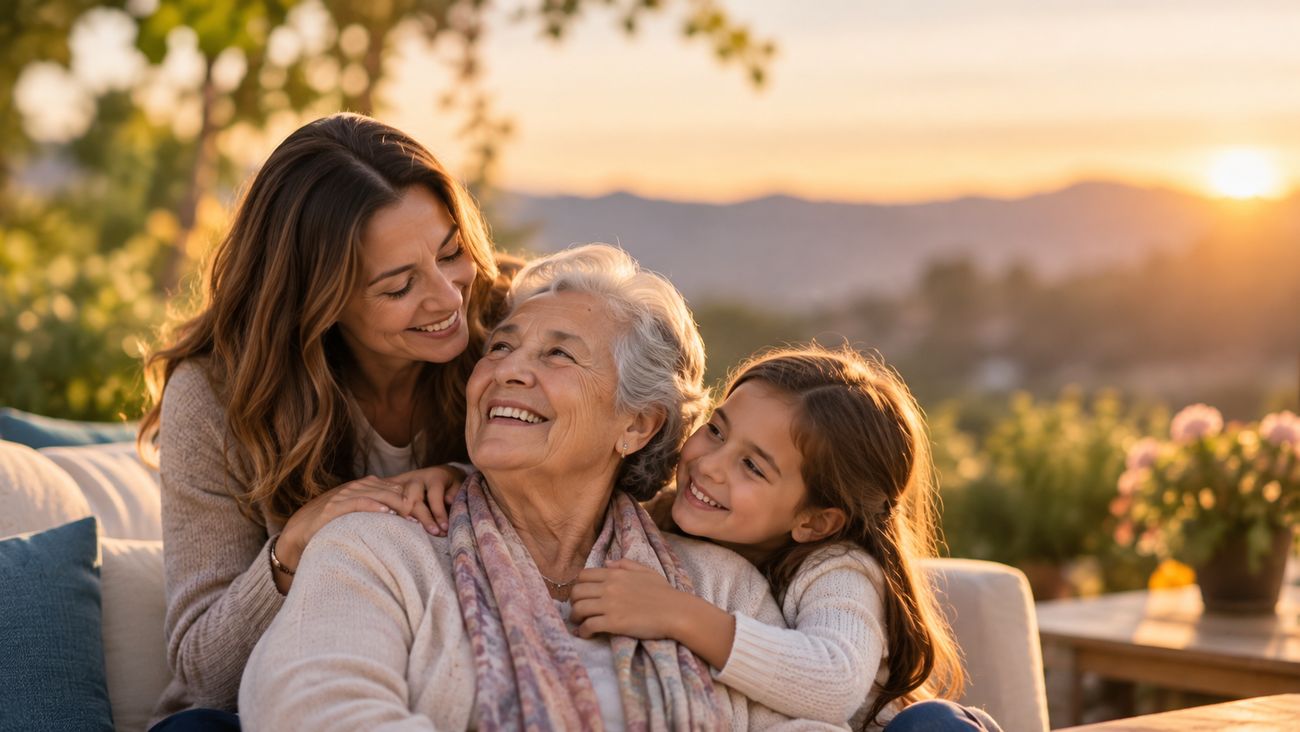 Una abuela abraza a su hija y a su nieta en una terraza al atardecer.