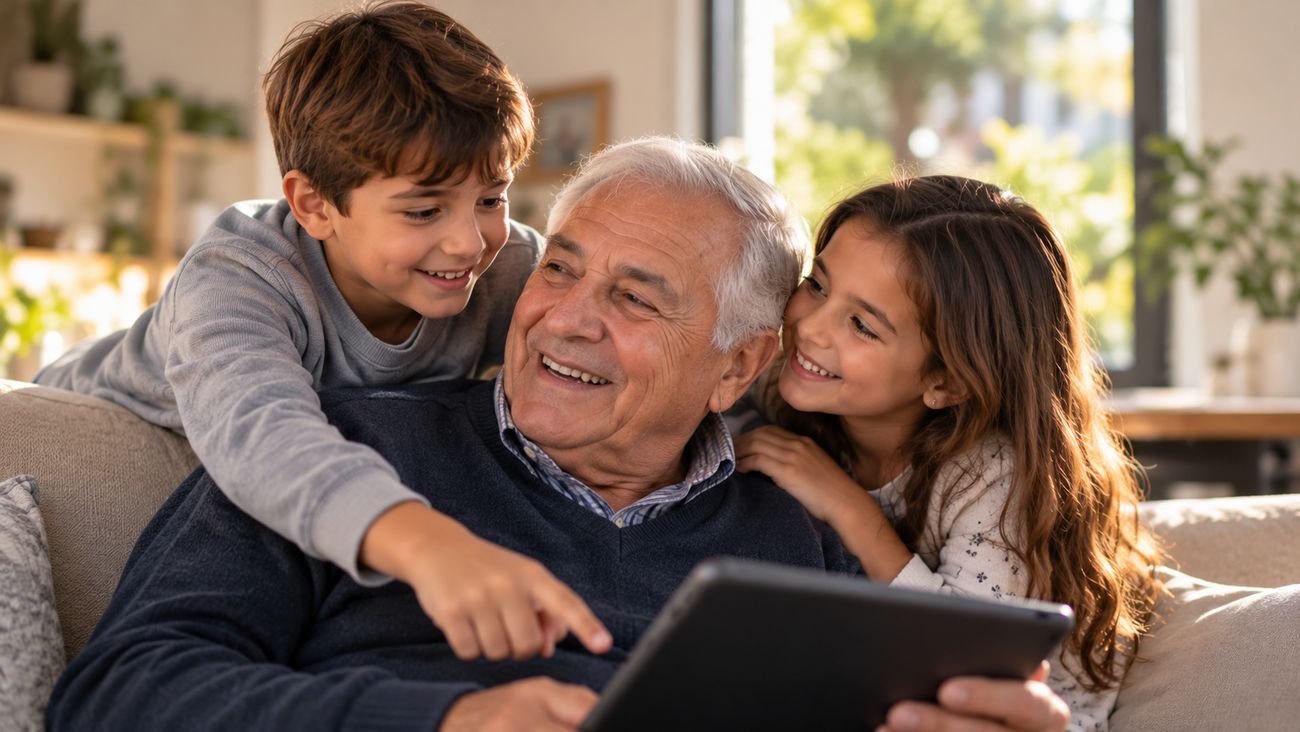 Un abuelo mira una tablet con sus dos nietos en el sofá.